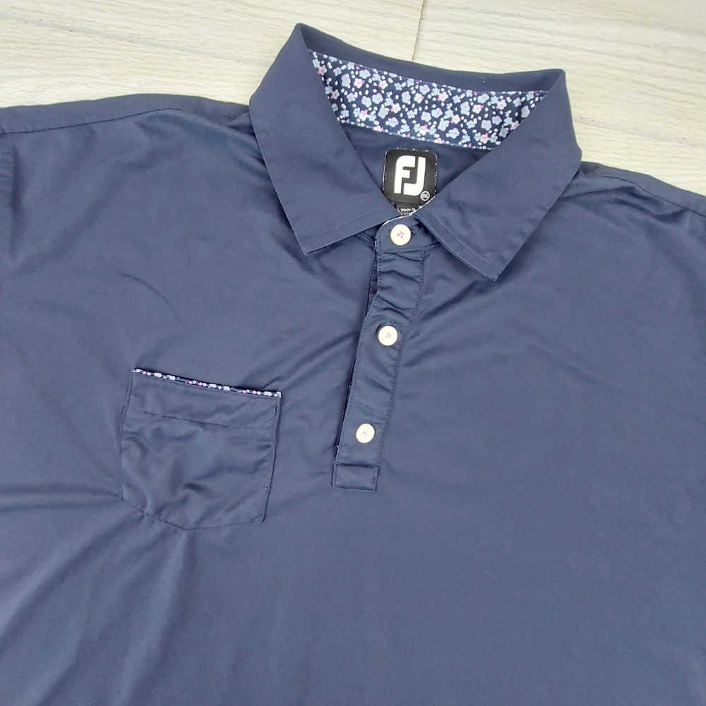 FootJoy Polo Shirt Mens 2XL Navy Blue Floral‎ Pocket Stretch Golf Performance